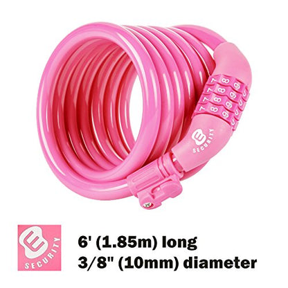 Etronic Bike Lock M6, Cable Lock 6 Feet Long Coiled Security Resettable Combo Combination Lock Bicycle Lock with Mounting Bracket - color: Pink