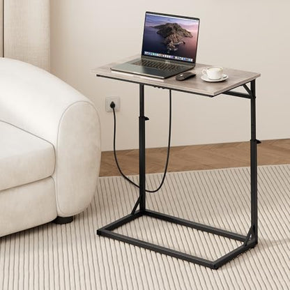 C Shaped End Table with Charging Station, C-Table End Table Adjustable Height Side Table for Couch, Large Couch Table, Slide Under Couch Table TV Tray Table for Sofa,Living Room,Bedroom, Grey - color: Greige, style: With Plug