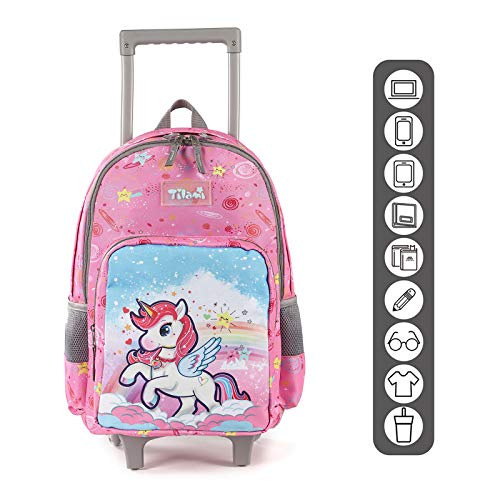 Tilami Rolling Backpack 18 inch Double Handle Wheeled Boys Girls Travel School Children Luggage Toddler Trip - color: Horse Pink