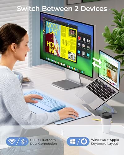 seenda Wireless Bluetooth Ergonomic Keyboard Mouse Combo, Full Size, Blue | USB/Bluetooth multi-device switching, with wrist rest, number pad, and quiet operation for PC, laptop, Mac, MacBook, and iPad - color: Blue