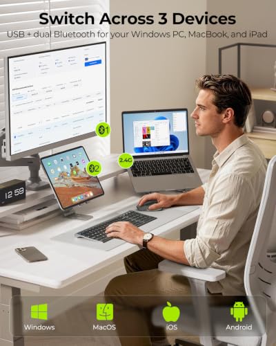 seenda COE401 3-Device Bluetooth Keyboard Mouse Combo, Silent, Black Gray | Rechargeable slim combo connects with 3 devices; quiet use for Windows, Mac, PC, laptop, MacBook and iPad - color: Black Gray