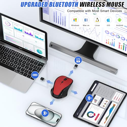 Bluetooth Wireless Mouse, 2.4G Ergonomic Rechargeable Computer Mouse for MacBook Air iPad Pro PC with Jiggler Mode, 3 DPI Levels & Forward/Back Buttons Laptop Mice for Office/Home/School - Red - color: Bluetooth Wireless Mouse (Red)