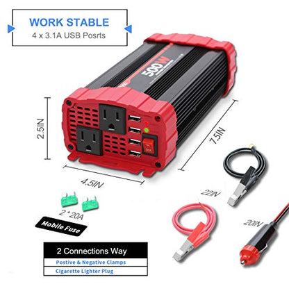 BYGD 500W Power Inverter, Car Charger Adpater DC 12V to AC 110V Car Power Converter 4 USB Quick Charging Ports and Dual AC Outlets Car Charger Adpater with Cigarette Lighter Cable and Battery Clamps - size: 500W