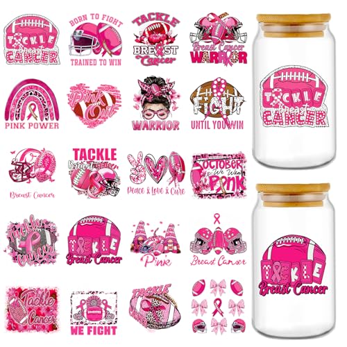 Rngmsi Football UV DTF Stickers - 20 Pcs Beast Cancer Awareness UV DTF Cup Wraps for 16 oz Pink Ribbon Bow UVDTF Transfer Decals for Glasses Cups Mug DIY Crafts - style: Football Beast Cancer Awareness