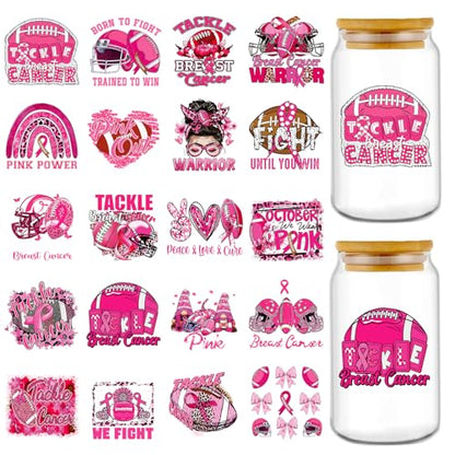 Rngmsi Football UV DTF Stickers - 20 Pcs Beast Cancer Awareness UV DTF Cup Wraps for 16 oz Pink Ribbon Bow UVDTF Transfer Decals for Glasses Cups Mug DIY Crafts - style: Football Beast Cancer Awareness