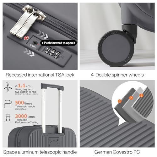mixi Checked Luggage with Cup Phone Holder Hard Shell Rolling Travel Suitcase with Spinner Wheels,26 Inch Rock Grey - color: Rock Gray, size: 26-inch