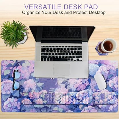 Petmolico 4-in-1 Wrist Rest Set with Desk Pad, Blue Flower Cat | Non-slip PU base, soft Lycra & memory foam, ergonomic pain relief, great for home/office - color: Blue