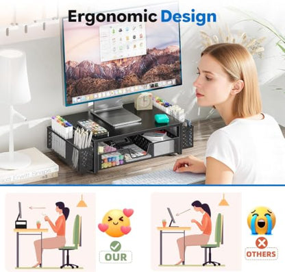 Simple Trending 2-Tier Desk Organizer, Computer Monitor Stand Riser, Black | Metal Laptop & Printer Stand, Desktop Organizer with Drawer & 2 Pen Holders, Anti Slip Pads, 18.5"W x 9.5"D x 4.75"H - size: 18.5"W x 9.5"D x 4.75"H