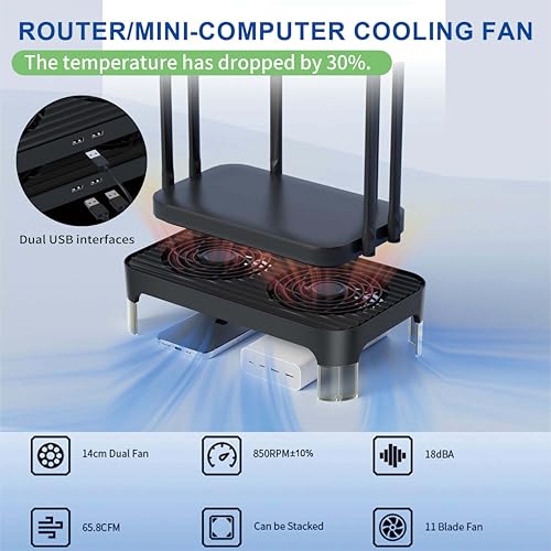 X4 Quiet USB Cooling Fan, High Speed Dual 140mm USB PC Fan with One-Touch Switch, Stackable Design for Router, Laptop, Receiver, Amplifier, DVR, PlayStation, Xbox, Computer Cabinet Cooling - color: Black
