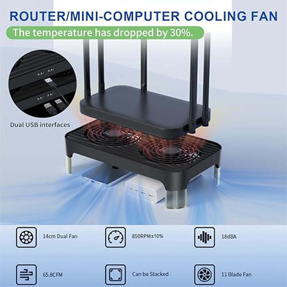 X4 Quiet USB Cooling Fan, High Speed Dual 140mm USB PC Fan with One-Touch Switch, Stackable Design for Router, Laptop, Receiver, Amplifier, DVR, PlayStation, Xbox, Computer Cabinet Cooling - color: Black