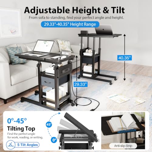 DAPOTUG Adjustable Overbed Bedside Table with Wheels, Charging Station | Tilting Top, Adjustable Side Table, 2-Tier Storage with Drawer, Over Bed Table, C-Shaped End Table for Beds, Couch - color: Black