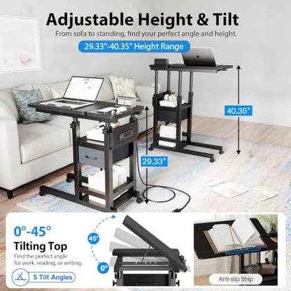 DAPOTUG Adjustable Overbed Bedside Table with Wheels, Charging Station | Tilting Top, Adjustable Side Table, 2-Tier Storage with Drawer, Over Bed Table, C-Shaped End Table for Beds, Couch - color: Black