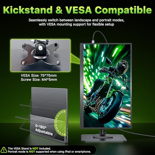 Upperizon Portable Monitor 18.5 inch 2K QHD 120% sRGB 120Hz IPS HDR HDMI USB-C Travel Monitor for Laptop MacBook PC Surface PS5 Xbox, Large External Display with Kickstand & Speakers, VESA Compatible - size: 18.5