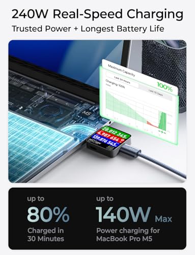 LISEN 10FT USB C Cable Fast Charging, 240W Long USB C to USB C Cable | 2-Pack, Midnight | USBC Cable for iPhone 17/16/15 Pro Max, iPad Pro/Air, MacBook Pro/Air, Samsung Galaxy S26 Ultra, Laptop - color: Midnight, size: 10FT+10FT