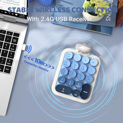 Ajazz AF18 Wireless Numeric Keypad, 2.4G USB Wireless Connection, Ergonomic 18-Key Compact Silicone Bear Design, Gradient Keycaps, Detachable & Portable Number Pad for PC, Laptop Blue - color: Blue