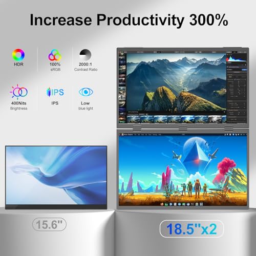 Dual Portable Monitor, 18.5" 1080P FHD IPS Folding Stacked Triple Laptop Screen Extender, USB-C Plug & Play Travel Extended Computer Display for Laptop PC Windows Mac w/Stand & VESA Mountable - size: 18.5