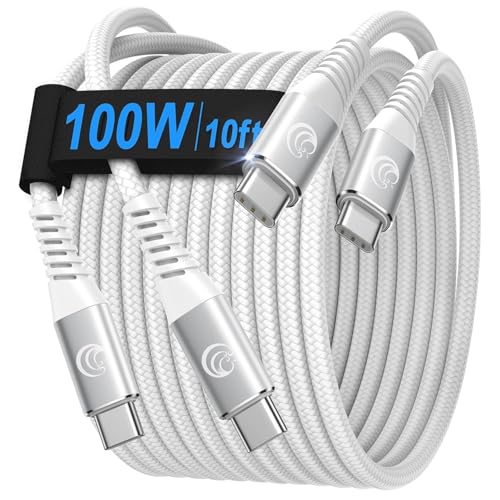 USBC to USBC 100W [10ft/2 Pack] USB C to USB C Fast Charging Cable Braided C to C Charger Cord 5A for MacBook Pro/Air, iPhone 15 Pro Max Plus,iPad Pro,Samsung Galaxy S24 Ultra S23,Pixel,PS5,Switch - color: White, size: 10ft+10ft