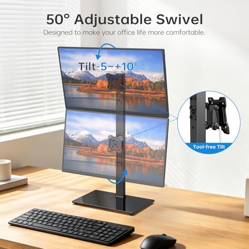 Vertical Dual Monitor Stand for 13-32 Inch Monitors, No Clamp, Freestanding | Supports 44 lbs/Arm | Tempered Glass Base | ±25° Swivel | -5° to +10° Tilt | 8 Height Options | VESA 75×75/100×100 mm - size: Dual Monitor Stand