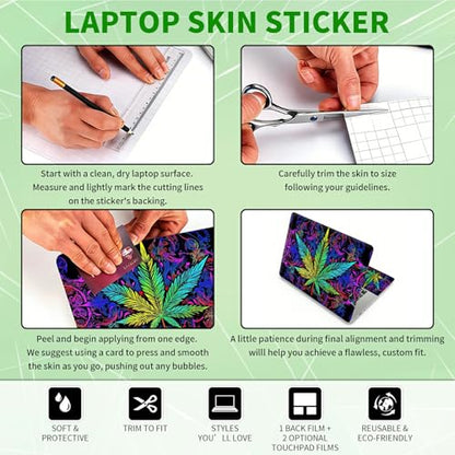 Laptop Skin Sticker Decal, Universal Protective Cover Fit 12 13 14 15.6 Inch Notebook, Reusable Water-Resistant Vinyl Decal w/ 2 Wrist Pads for Business Travel Office, Green Leaves - color: Green Leaves