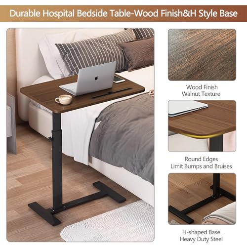 BeGyoku Overbed Table,Over The Bed Table with Hidden Wheels&Cup Holder,Adjustable Bedside Table and Rolling Table Tray&Laptop Cart,Hospital Table Over Bed for Home Use (Walnut) - color: Walnut