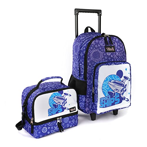 Tilami Rolling Backpack 18 inch Double Handle with Lunch Bag Wheeled Kids Backpack, Spaceship Blue - color: Spaceship Blue