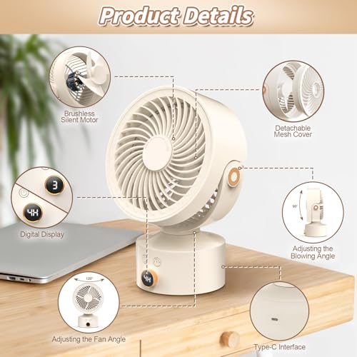 Desk Fan Small Oscillating for Bedroom, 9 Inch Quiet Desk Fan Air Circulator with 3 Speeds, 4H Timer, Rechargeable Desk Fan for Office/Dorm/Room-Beige