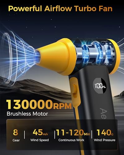 Compressed Air Duster, 130000RPM Super Power Cordless Electric Air Duster with Fast Charging, 8-Speed Adjustable Rechargeable Brushless Blower for Computer, Keyboard, Car, House and Outdoor Use