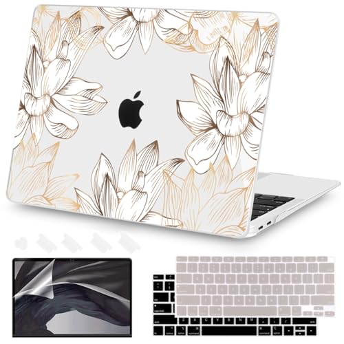 Teryeefi for MacBook Air 13 inch Case M1 2021 2020 2019 2018 Release (A2337 A2179 A1932 Retina Display with Touch ID), Plastic Hard Shell Case & Keyboard Cover & Screen Protector, W-Gold Flower Line - color: W-Gold Flower Line