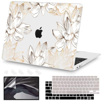 Teryeefi for MacBook Air 13 inch Case M1 2021 2020 2019 2018 Release (A2337 A2179 A1932 Retina Display with Touch ID), Plastic Hard Shell Case & Keyboard Cover & Screen Protector, W-Gold Flower Line - color: W-Gold Flower Line