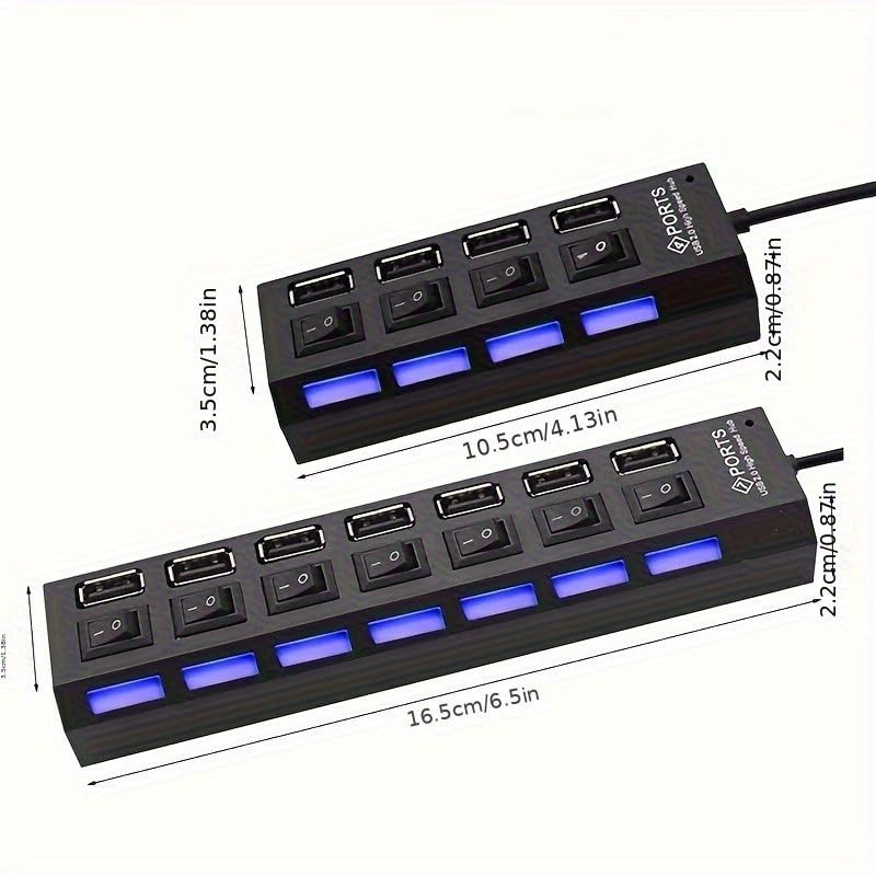USB Hub, High Speed 7-Port Splitter with Individual LED Light Switches, Black, for PC and Laptop (black-7in1) - color: black-7in1