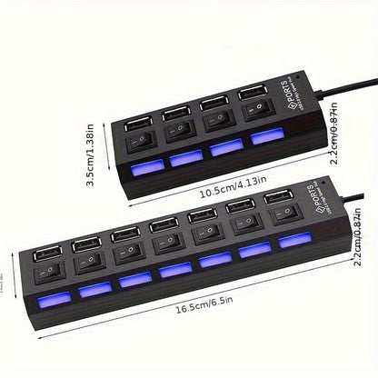 USB Hub, High Speed 7-Port Splitter with Individual LED Light Switches, Black, for PC and Laptop (black-7in1) - color: black-7in1