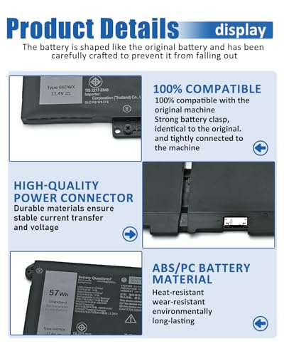 57Wh 66DWX 86D0Y 0HYH8 Battery for Dell Latitude 7340 7350 7440 7450 7640 7650 & P126F P126F001 P175G P175G001 P178G P179G - size: 10.02*3.14*0.24 inch 66DWX-01