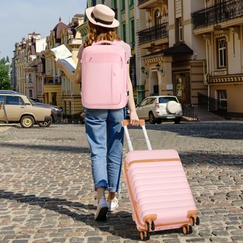 UKEIN Luggage Sets 3 Piece, PC Hardside Carry On Luggage 24 Inch With Spinner Wheels with TSA Lock, Large Suitcase Set With Travel Backpack (Pink, 3 piece set (24inch)) - color: Pink, size: 3 piece set (24inch)