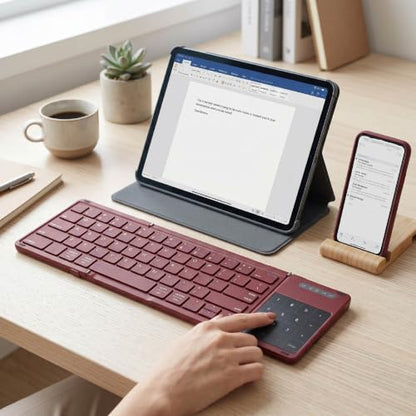 Foldable Keyboard with Touchpad, PU Leather Cover Bluetooth, Rechargeable 3 Fold Wireless Keyboard with Number Pad for Travel Tablet Laptop Users (Wine Red) - color: Wine Red