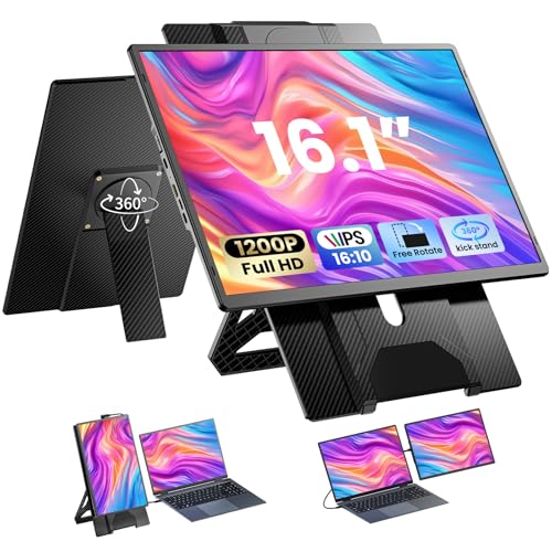Laptop Screen Extender 16.1", 1200P FHD, Portable Monitor 360° Rotating Detachable Stand, Height Adjustable Monitor Extender for Laptop 13-17.5", Plug-Play for Tablet, PC, Phone, etc