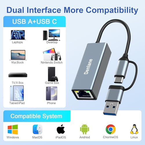 USB 3.0 to Ethernet Adapter, Ethernet to USB C Adapter 2 Connector 1000Mbps | Denlane RJ45 Gigabit Network Adapter LAN Converter for iPhone 15 16 17/USB-C iPad, MacBook/Pro/Air, Laptop, Windows 11/10/8/7