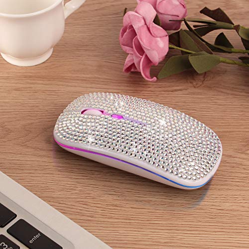 Bluetooth Mouse,Bling Dazzling 2.4GHz Rechargeable Wireless Mouse Slim Mouse with USB Receiver, Compatible with Notebook, PC, Laptop, Computer, MacBook,Great Present idea for Her (White) - color: White