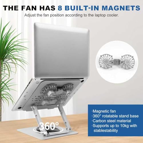 Laptop Cooling Stand with 2 Detachable Fans, 360° Rotating Adjustable Laptop Stand, Carbon Steel Ergonomic Laptop Riser, Anti-Slip Base for 10-17.3" Notebook MacBook, Office Home Gaming - color: Silver