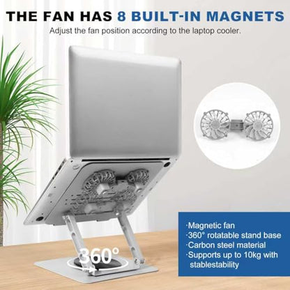 Laptop Cooling Stand with 2 Detachable Fans, 360° Rotating Adjustable Laptop Stand, Carbon Steel Ergonomic Laptop Riser, Anti-Slip Base for 10-17.3" Notebook MacBook, Office Home Gaming - color: Silver