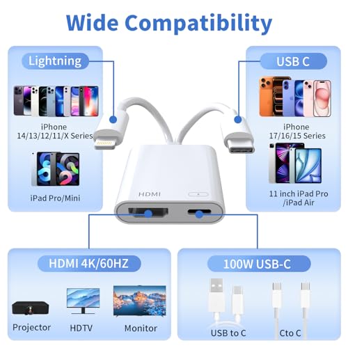 USB-C and Lightning to HDMI Adapter for iPhone ipad to TV [MFi Certified], 4K@60Hz Sync Screen Apple Lightning to Digital AV Adapter with 100W Charging Port for iPhone 17/16/15/iPad/MacBook to HDTV