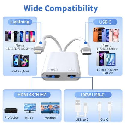 USB-C and Lightning to HDMI Adapter for iPhone ipad to TV [MFi Certified], 4K@60Hz Sync Screen Apple Lightning to Digital AV Adapter with 100W Charging Port for iPhone 17/16/15/iPad/MacBook to HDTV