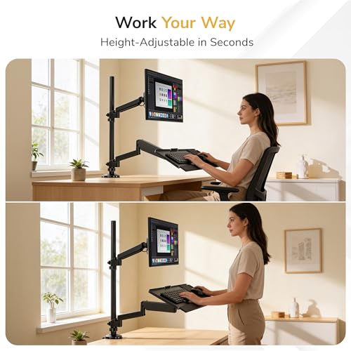Mount-It! Sit-Stand Monitor Arm Desk Mount with Keyboard Tray, Single Monitor Fits Up to 32”, Height Adjustable Gas Spring, Full Motion Articulating Arm, Clamp or Grommet, Black