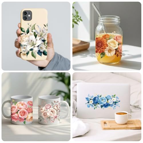 Peacoblue UV DTF Cup Wraps Transfer Stickers Flowers with Roses and Peonies Pattern, 10 Sheets Waterproof Custom Vinyl Transfer Sticker 16oz Coffee Glass Cup Tumbler Bottle Mug Decals for Men Women - style: Flowers with Roses and Peonies