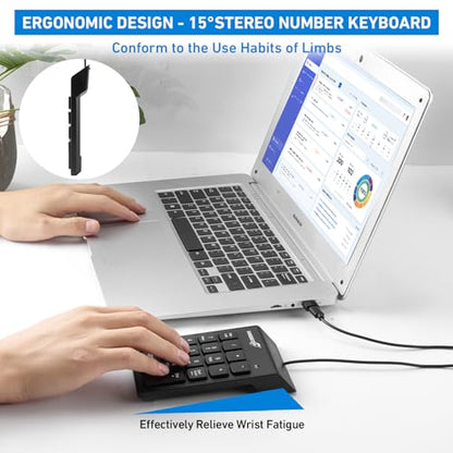 USB-C ＆ USB-A Number Pad, 19 Keys Wired Numeric Keypad, Plug & Play | 15° Ergonomic Numeric Pad for Laptop/Desktop/iPad/phone, Portable Financial Accounting 10 Keys Number Pad for Windows/macOS