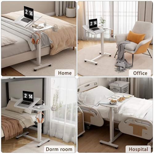 6 In 1 Overbed Table, 32'' Long Hospital Bed Table,Bedside Table (White) | 32'' Length, 0- 90°Adjustable Tilt, Standing Desk Charging Station, Cup Holder, Hook, 30''-43'' Height Home Hospital Office - color: White