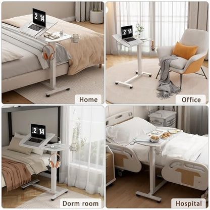 6 In 1 Overbed Table, 32'' Long Hospital Bed Table,Bedside Table (White) | 32'' Length, 0- 90°Adjustable Tilt, Standing Desk Charging Station, Cup Holder, Hook, 30''-43'' Height Home Hospital Office - color: White