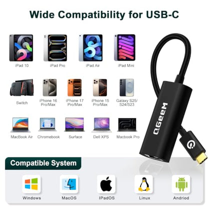 QGeeM USB C to Ethernet Adapter, 1000Mbps Gigabit RJ45 LAN Network Dongle, Thunderbolt 4/3 Compatible, Braided Nylon Aluminum Case for iPhone 17 16 15 Pro Max, MacBook Pro/Air M3 M2, iPad, XPS - Black - color: Black