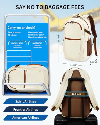 ECOHUB Travel Backpack for Women, 17.3 inch Suspended Laptop Backpack, Fashion Water-Resistant 28L Personal Item Bag with 12 Pockets for Causal, Work, Cream & Brown - color: Cream & Brown