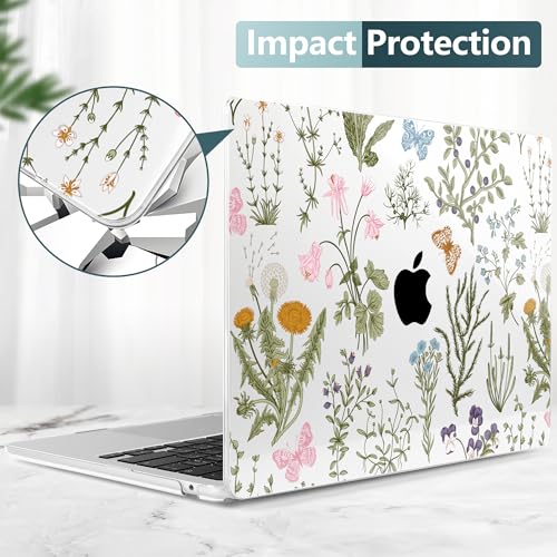 for MacBook Air 13 Inch (13.6 Inch) Case, M5/M4/M3/M2 Chip 2026 2025 2024 2023 2022, Hard Plastic Printed Cover with Screen Protector & Keyboard Cover & Dust Plugs, Wildflower & Butterfly - color: Wildflower & Butterfly