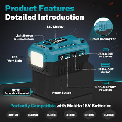 140W USB Battery Charger Adapter Compatible with Makita 18V Battery | PD 3.1 Fast Charging with Dual USB-C, 18W USB-A, Portable Phone Charger with 700LM LED Work Light and LED Screen Display - color: Black